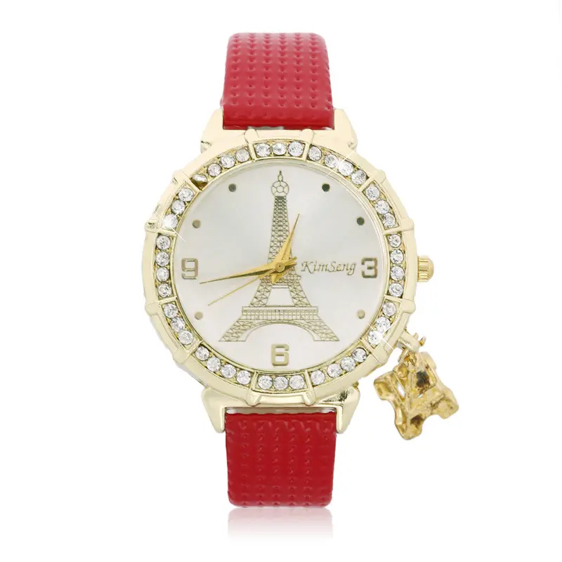 Casual Quartz Watch Pu Leather Tower Pattern Rhinestones Plated Ladies Wrist Watch Round Dial 2