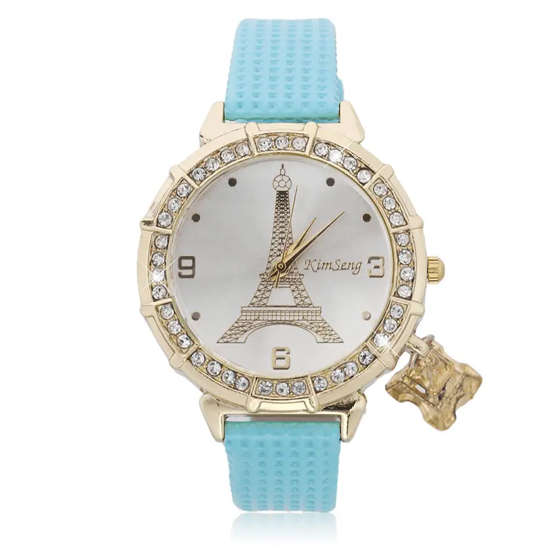 Casual Quartz Watch Pu Leather Tower Pattern Rhinestones Plated Ladies Wrist Watch Round Dial 3
