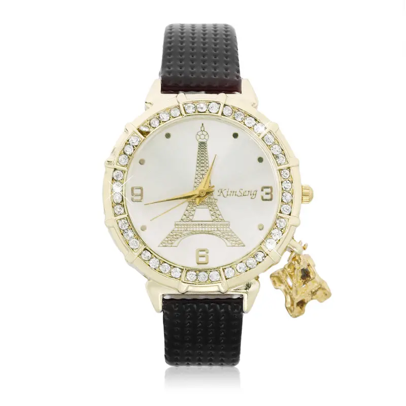 Casual Quartz Watch Pu Leather Tower Pattern Rhinestones Plated Ladies Wrist Watch Round Dial 4