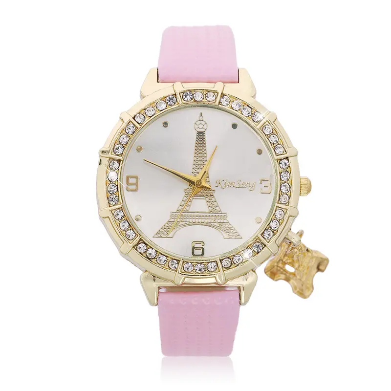 Casual Quartz Watch Pu Leather Tower Pattern Rhinestones Plated Ladies Wrist Watch Round Dial 5