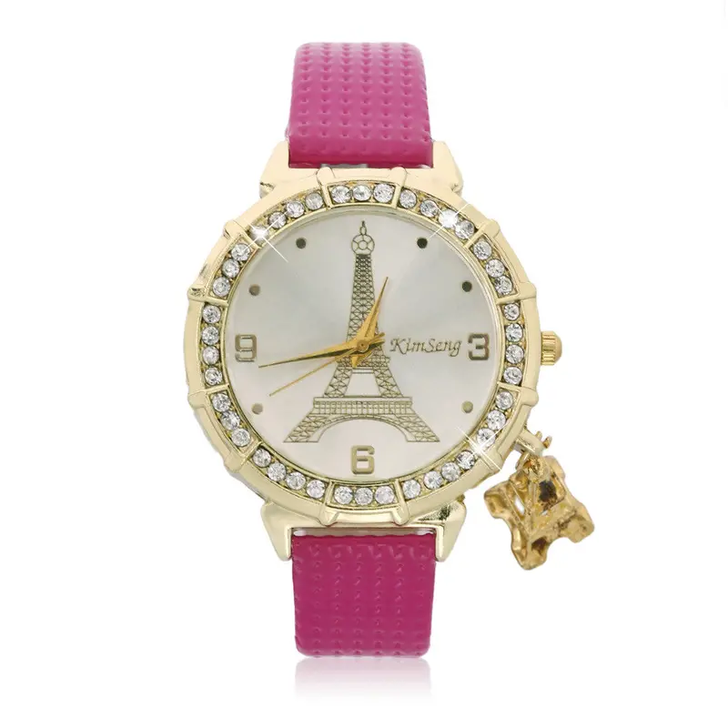 Casual Quartz Watch Pu Leather Tower Pattern Rhinestones Plated Ladies Wrist Watch Round Dial 6