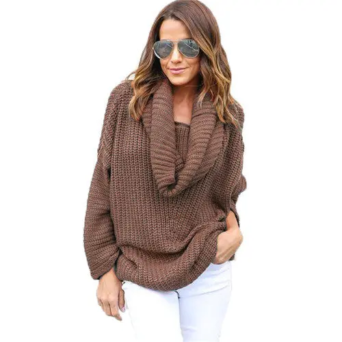 Casual Scarf Collar Women Sweater Loose Jumper Knitted Sweater Solid Color Long Sleeve Pull Femme Knitwear Pullovers 1