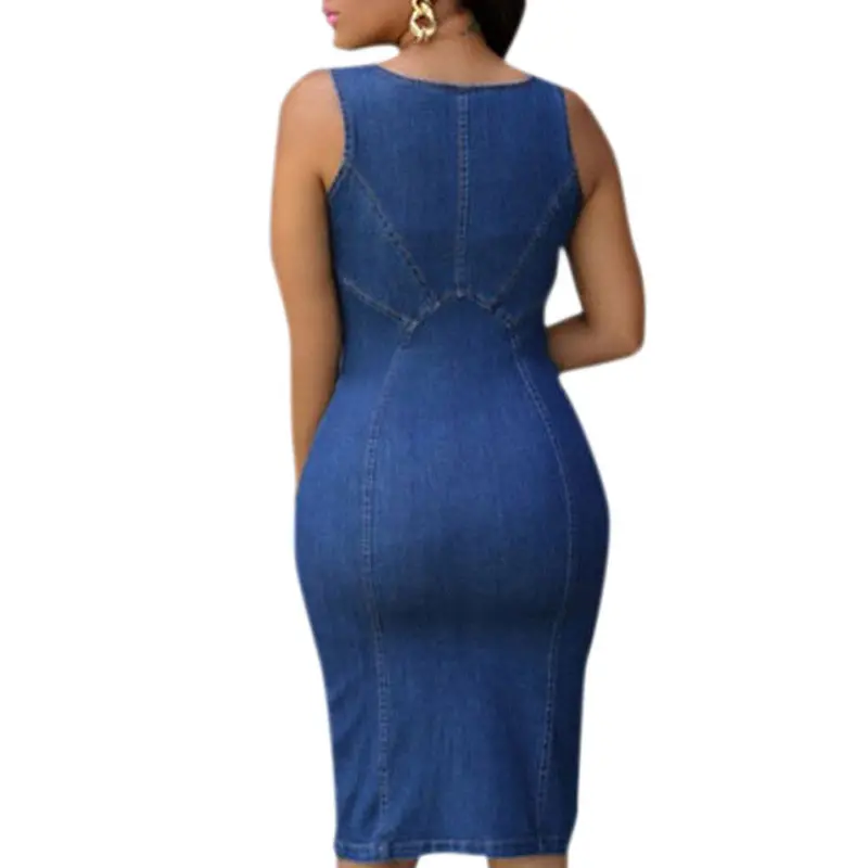Casual Sexy Bodycon Jeans Dress Knee Length Sleeveless Open High Split Denim Dress Midi Vestido Jeans Feminino 4