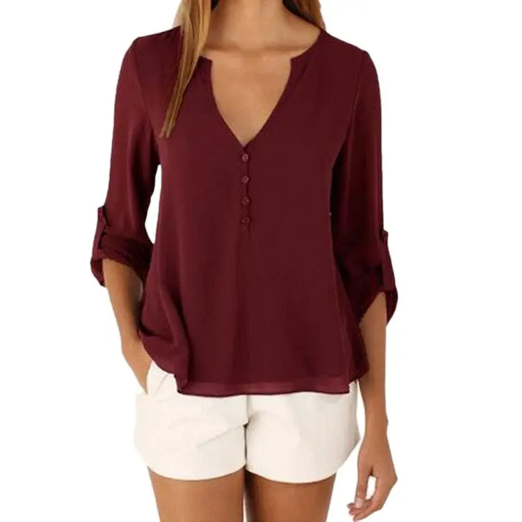 Casual Sexy Deep V Neck Button Slim Waist Long Sleeves Chiffon Shirt 1