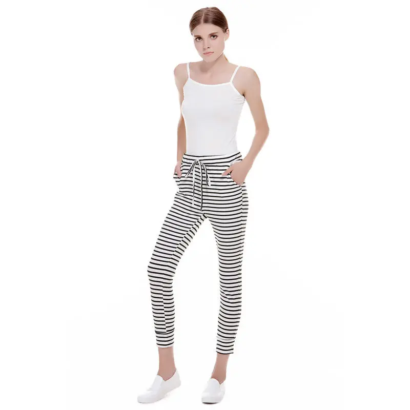 Casual Sexy White Striped Pants Slim Elastic High Waist Women Trousers Bodycon Knitted Long Pants 1