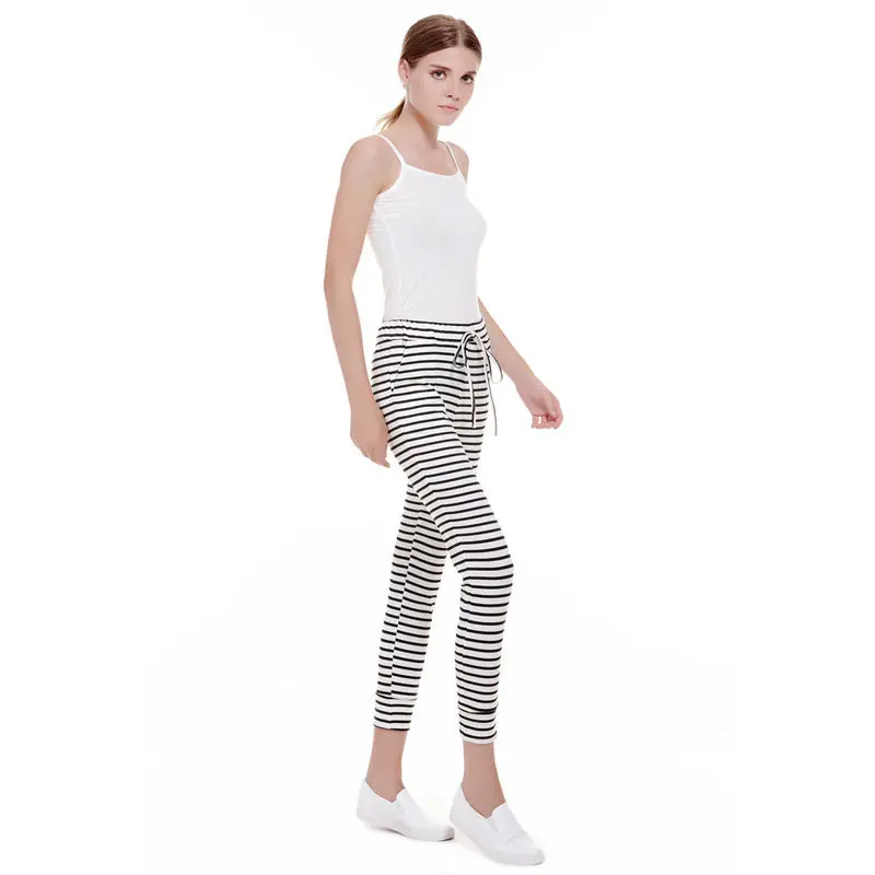 Casual Sexy White Striped Pants Slim Elastic High Waist Women Trousers Bodycon Knitted Long Pants 2