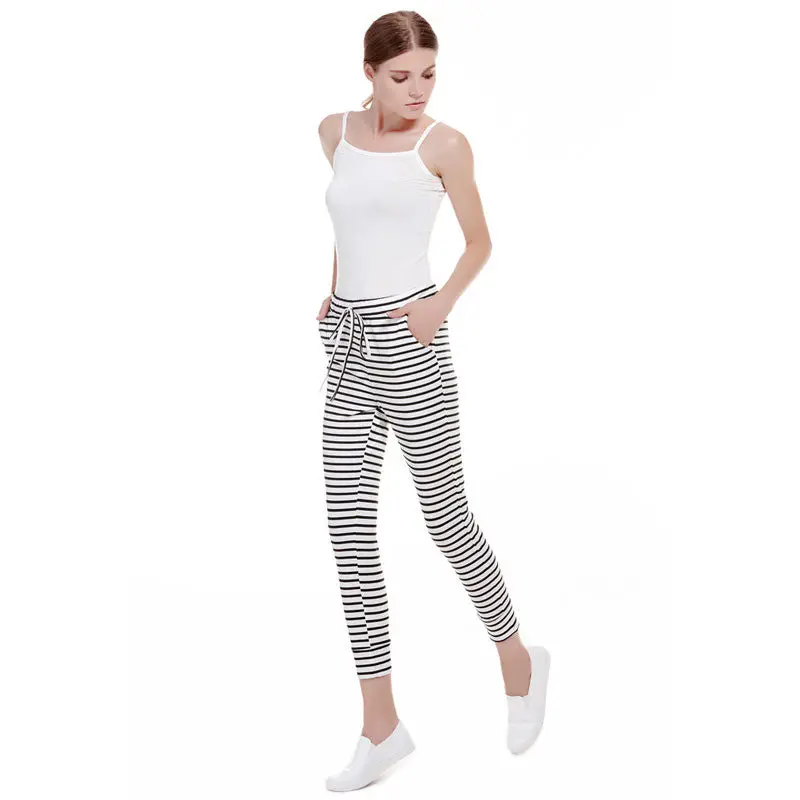 Casual Sexy White Striped Pants Slim Elastic High Waist Women Trousers Bodycon Knitted Long Pants 3