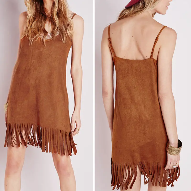 Casual Slim Backless Tassels Suede Fabric Sleeveless Vest Dress Camisole Spaghetti Strap Long Tank Dress Brown Women Vestidos 2
