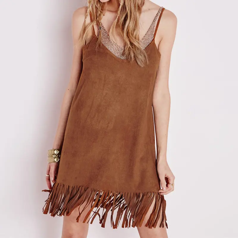 Casual Slim Backless Tassels Suede Fabric Sleeveless Vest Dress Camisole Spaghetti Strap Long Tank Dress Brown Women Vestidos 3
