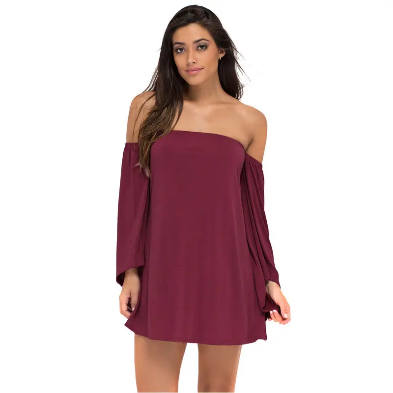 Casual Solid Dress A-Line Elegant Loose Off Shoulder Dress Flare Long Sleeve Mini Dress 1