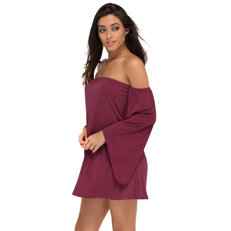 Casual Solid Dress A-Line Elegant Loose Off Shoulder Dress Flare Long Sleeve Mini Dress 5
