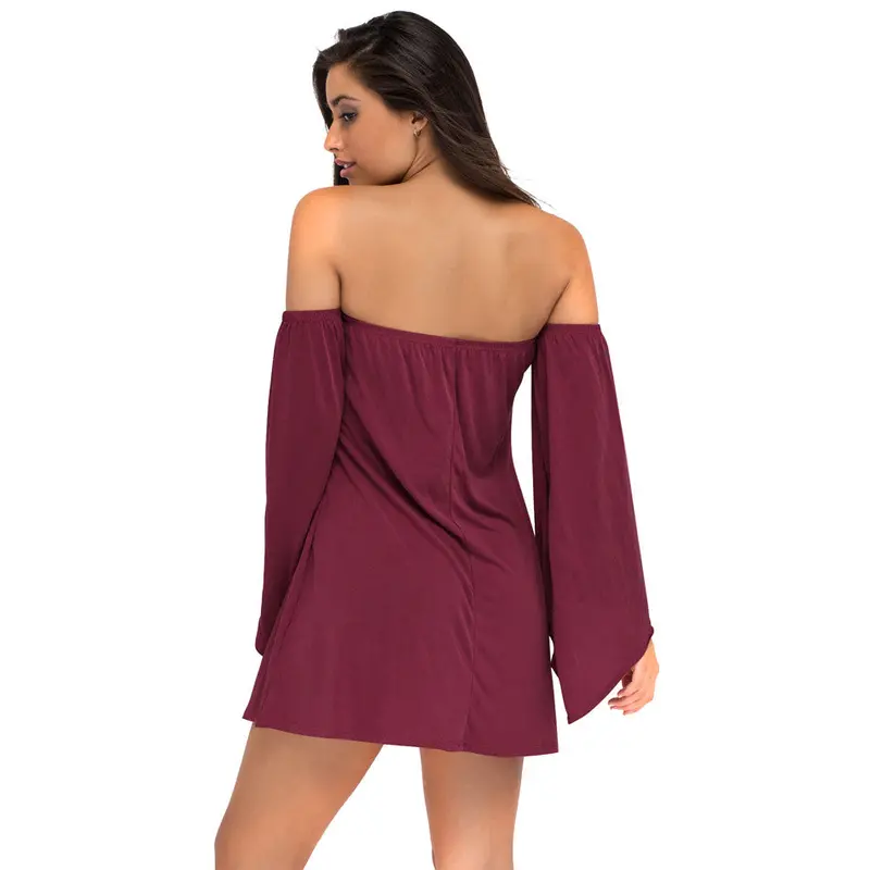 Casual Solid Dress A-Line Elegant Loose Off Shoulder Dress Flare Long Sleeve Mini Dress 6