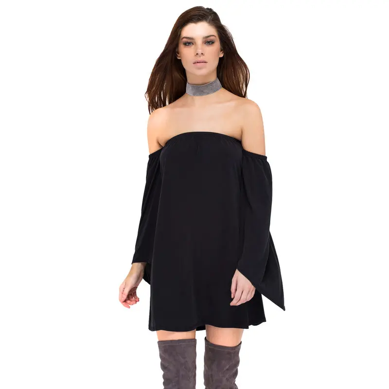 Casual Solid Dress A-Line Elegant Loose Off Shoulder Dress Flare Long Sleeve Mini Dress 8