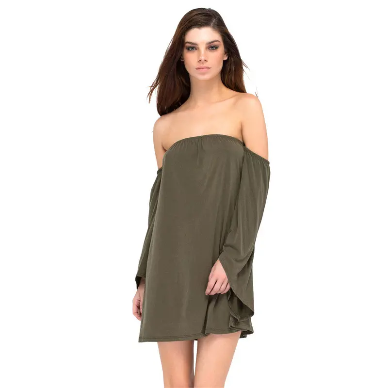 Casual Solid Dress A-Line Elegant Loose Off Shoulder Dress Flare Long Sleeve Mini Dress 9