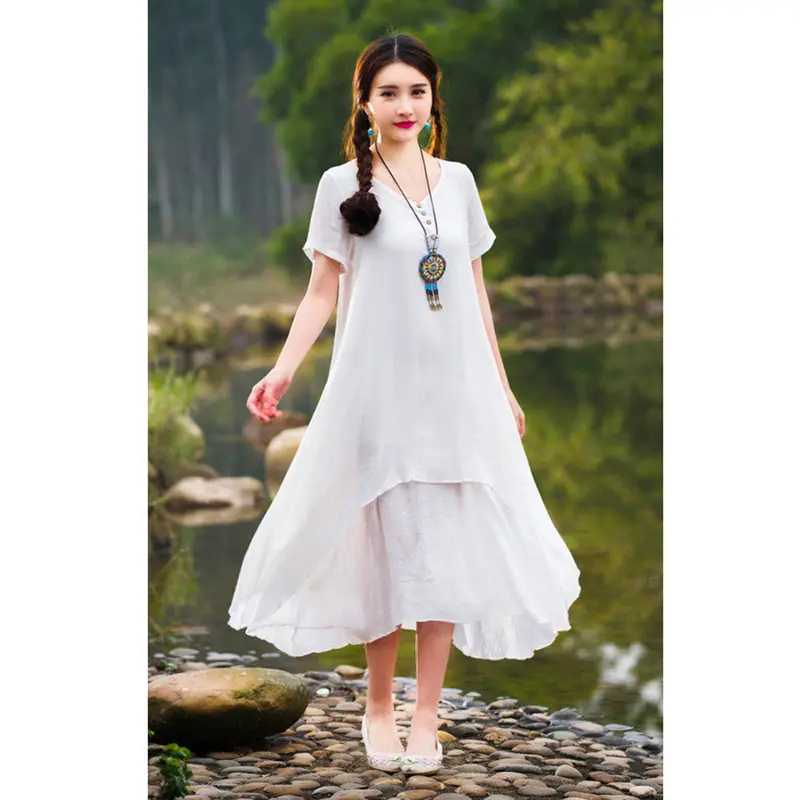 Casual Solid Dress Women Elegant Loose Short Sleeve V Neck Dress Cotton Linen Boho Long Dress Vestidos Plus Size 1
