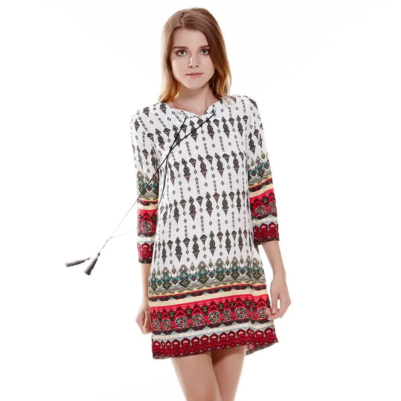Casual Split Tie Print Dress Vintage Straight Short Women Dress Cotton Beach Dress Boho Vestidos Plus Size 1
