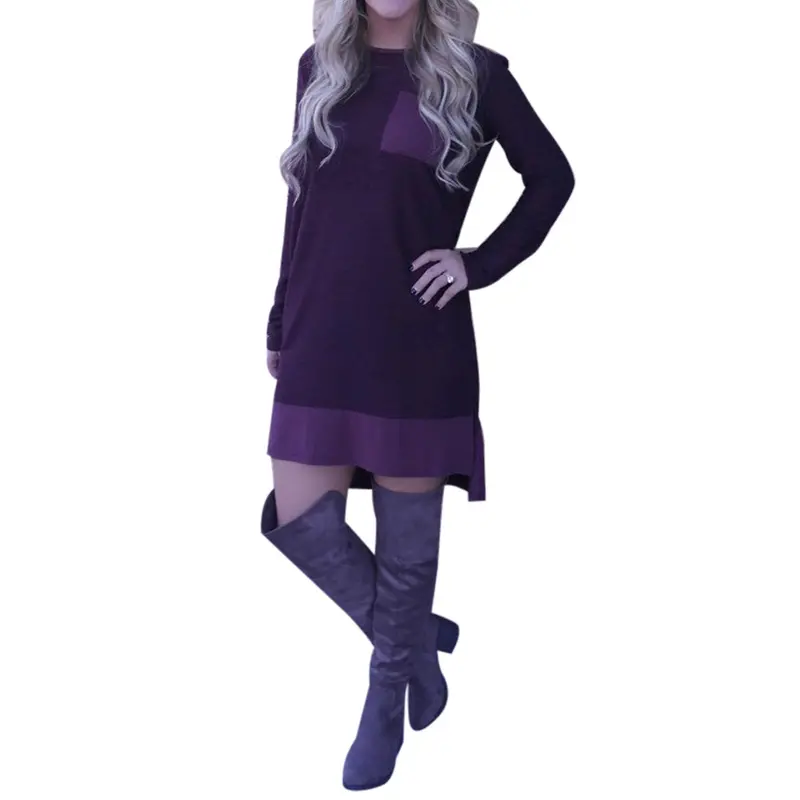 Casual Stitching Backless Women Dress Vestido O-Neck Splice Long Sleeved Dress Purple Dress Vestido De Festa 1