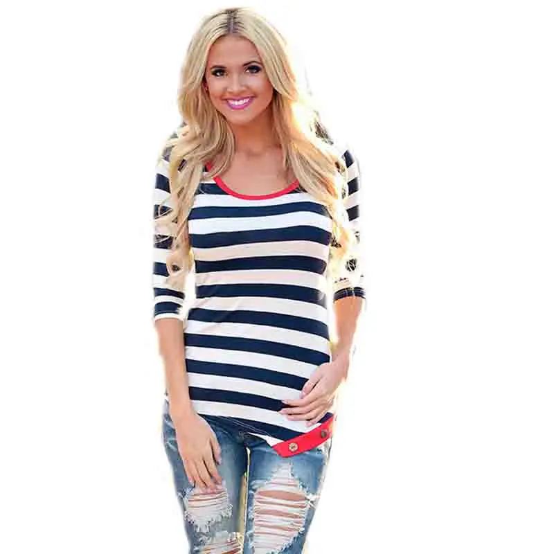 Casual Top Striped T Shirt Three Quarter Sleeve Slim T-Shirt Camisetas Plus Size Women Top Irregular Camisetas Mujer 1