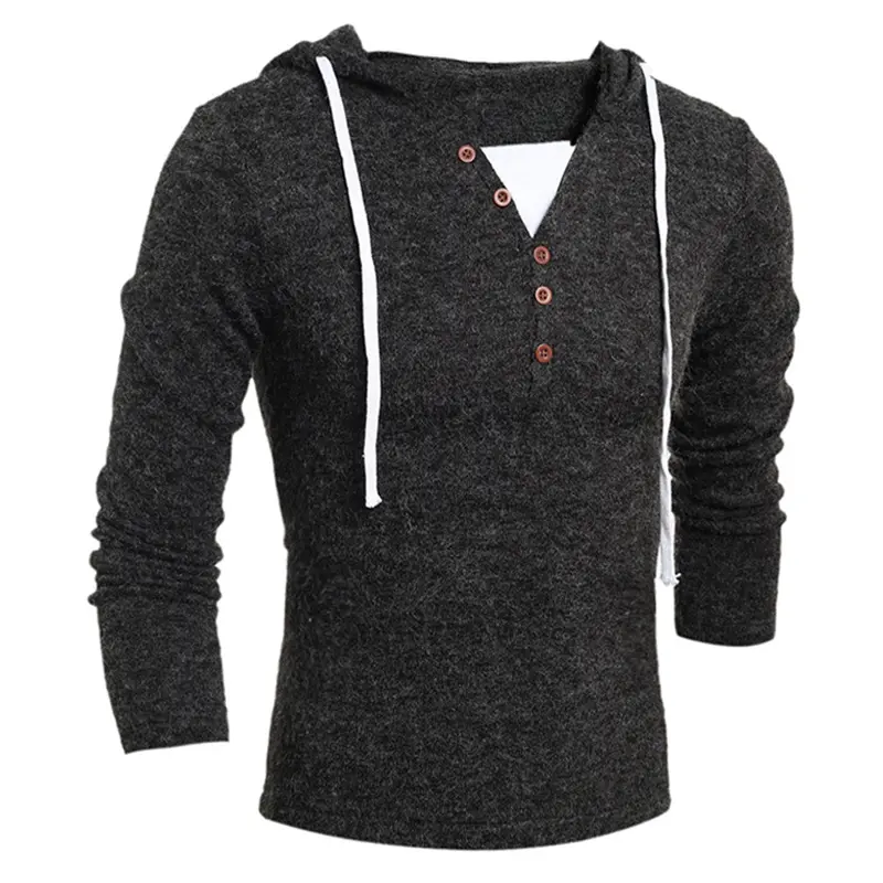 Casual V Neck Button Long Sleeve Sweater Solid Color Slim Knitting Hooded Sweater 4 Size Optional 1