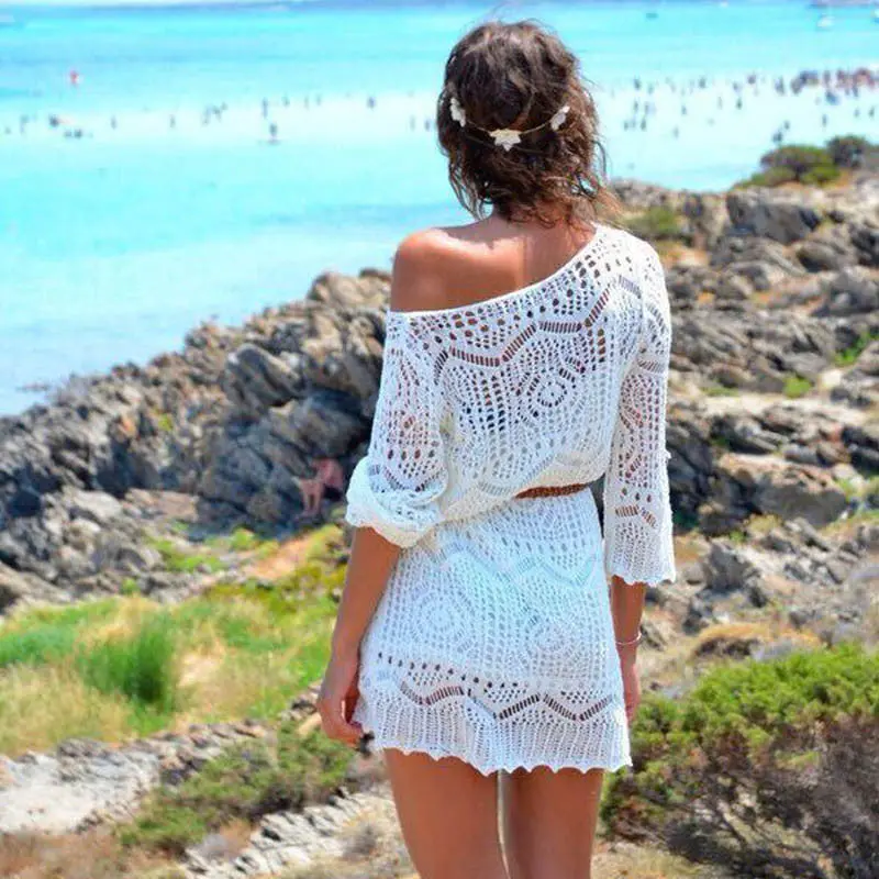 Casual Vestido Super Women's Dress Sexy Women Hollow Out Lace Beach Dress Party Slim Dresses With Belt 1