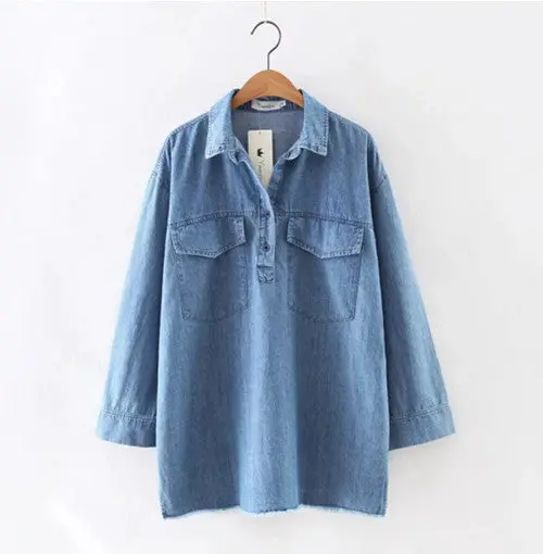 Casual Washed Deinm Jean Shirt Women Pockets Lapel Long Sleeve Tassel Loose Blouse Femme Casual Tops S M L 1