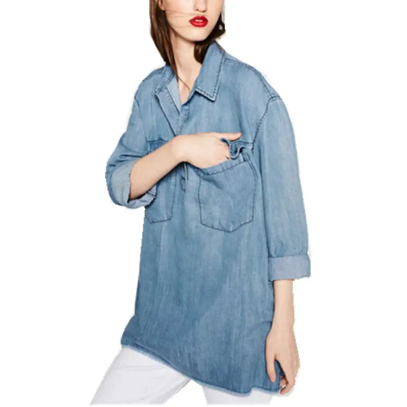 Casual Washed Deinm Jean Shirt Women Pockets Lapel Long Sleeve Tassel Loose Blouse Femme Casual Tops S M L 2