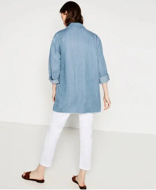 Casual Washed Deinm Jean Shirt Women Pockets Lapel Long Sleeve Tassel Loose Blouse Femme Casual Tops S M L 3