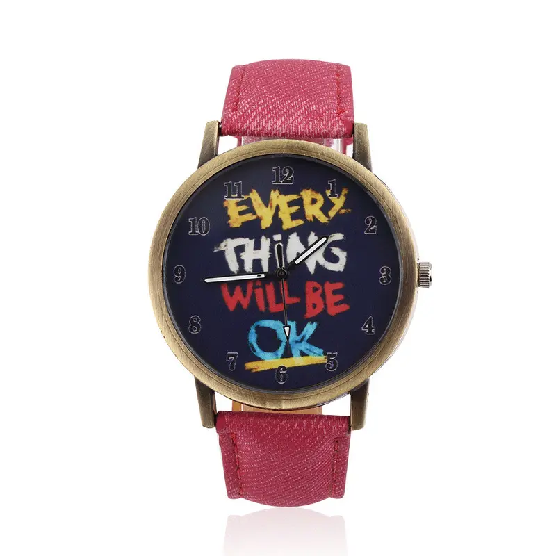 Casual Watch Retro Graffiti Denim Leather Quartz Cartoon Watch "Everything Will Be Ok" For Children And Adults 1