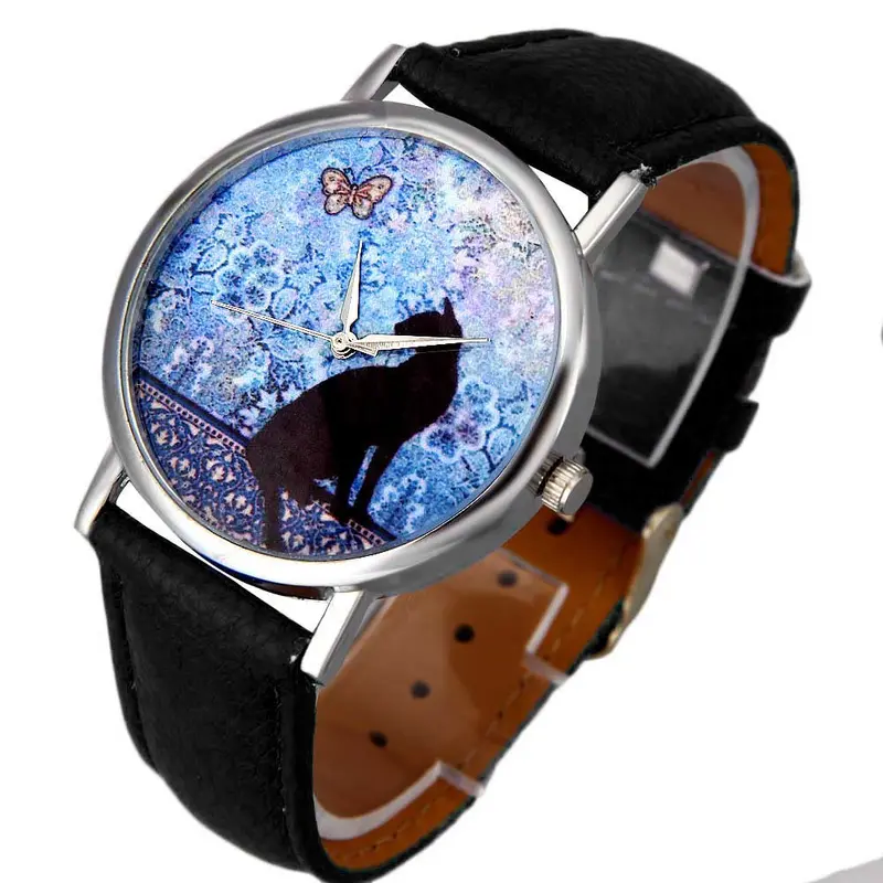 Casual Watch Women Cat Pattern Leather Band Analog Quartz Watch Wristwatches Watches Gift Montre Table Feida 1