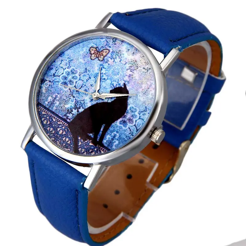Casual Watch Women Cat Pattern Leather Band Analog Quartz Watch Wristwatches Watches Gift Montre Table Feida 2