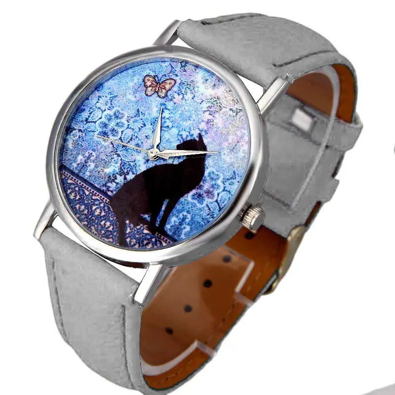 Casual Watch Women Cat Pattern Leather Band Analog Quartz Watch Wristwatches Watches Gift Montre Table Feida 3