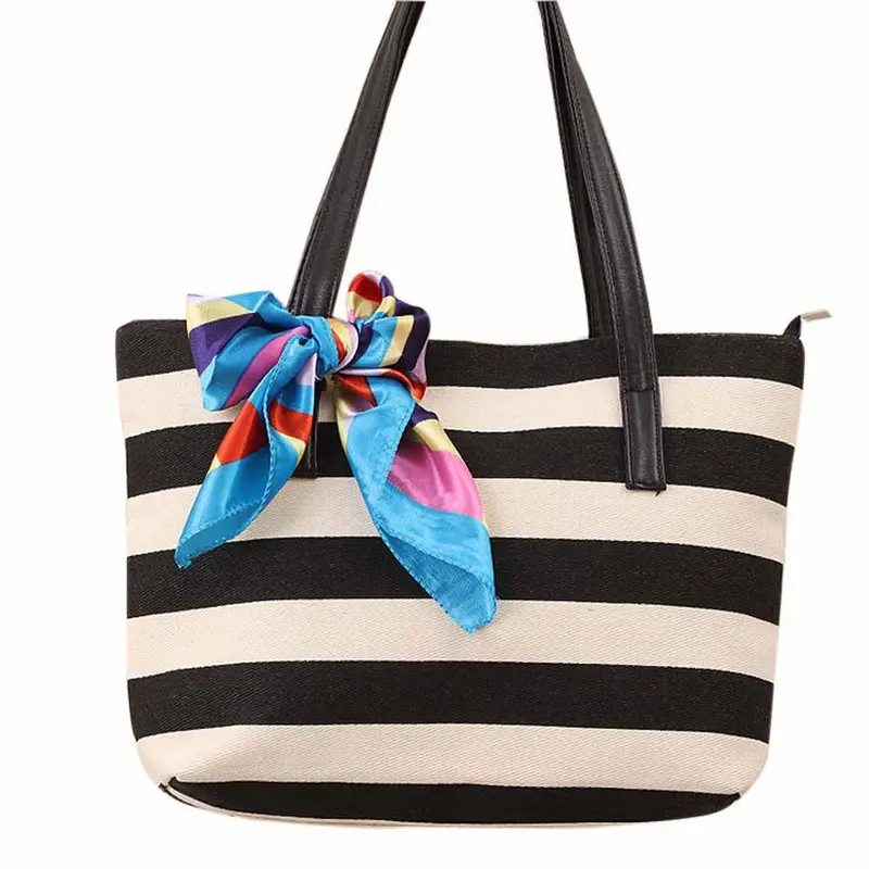 Casual Women Bag Canvas Stripe Silk Scarf Hbags Shoulder Shopping Bag Travel Bags Tote Hbag Women Bags Bolsas 1