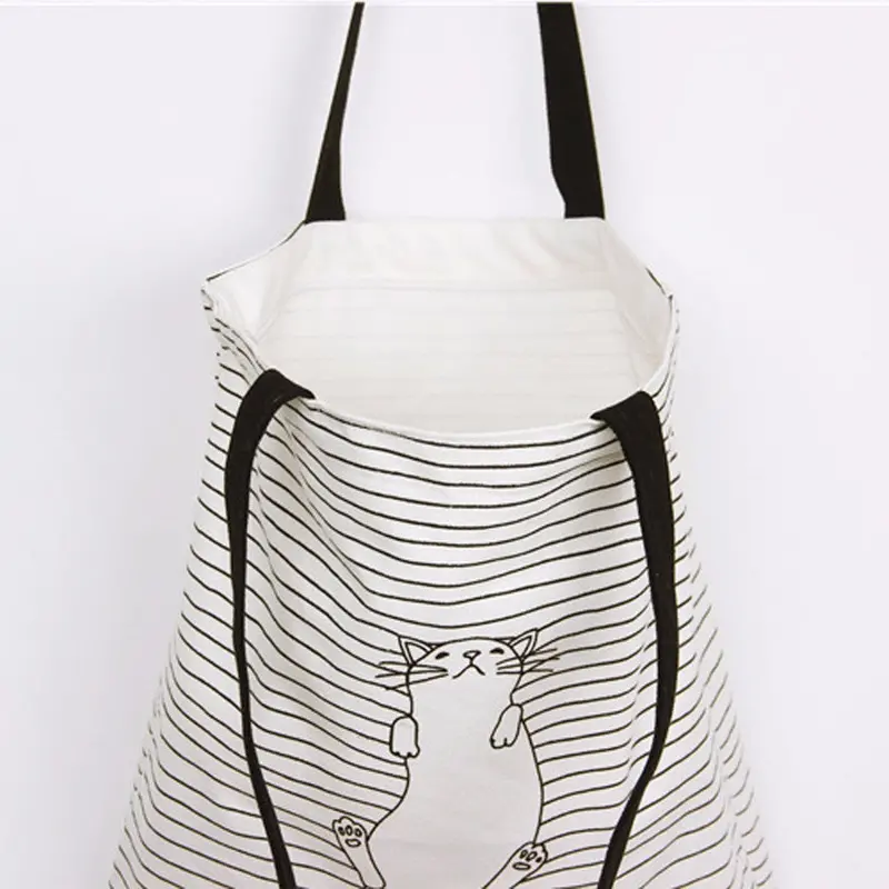 Casual Women Bag Striped Napping Cat Hbags Shoulder Shopping Bag Travel Bags Canvas Tote Hbag Women Bags Bolsas 1