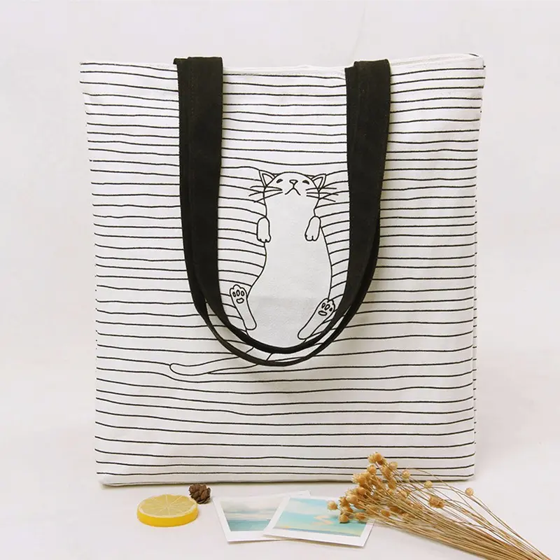 Casual Women Bag Striped Napping Cat Hbags Shoulder Shopping Bag Travel Bags Canvas Tote Hbag Women Bags Bolsas 2