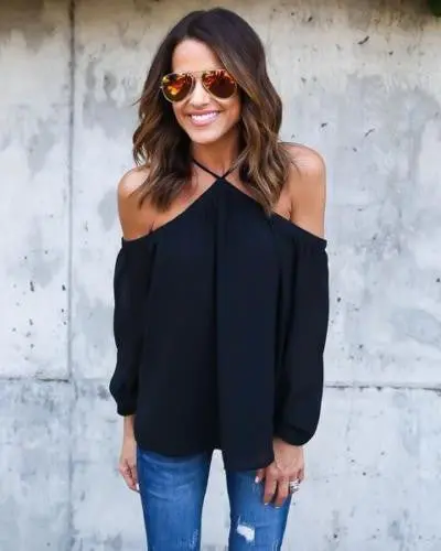 Casual Women Blouse Sexy Long Sleeve Halter Neck Off Shoulder Shirts Solid Color Loose Chiffon Blouses M0387 1