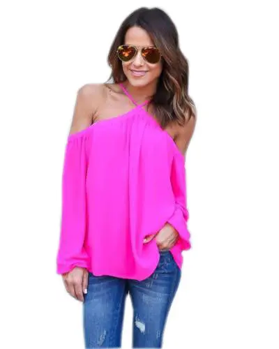 Casual Women Blouse Sexy Long Sleeve Halter Neck Off Shoulder Shirts Solid Color Loose Chiffon Blouses M0387 5