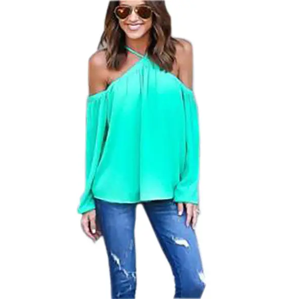 Casual Women Blouse Sexy Long Sleeve Halter Neck Off Shoulder Shirts Solid Color Loose Chiffon Blouses M0387 6