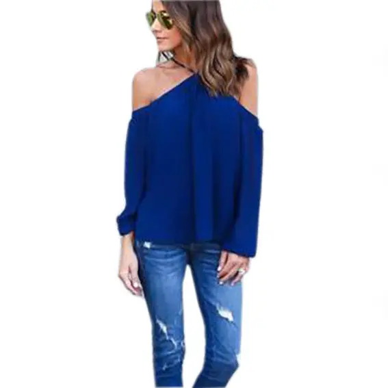 Casual Women Blouse Sexy Long Sleeve Halter Neck Off Shoulder Shirts Solid Color Loose Chiffon Blouses M0387 7