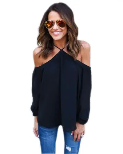 Casual Women Blouse Sexy Long Sleeve Halter Neck Off Shoulder Shirts Solid Color Loose Chiffon Blouses M0387 8