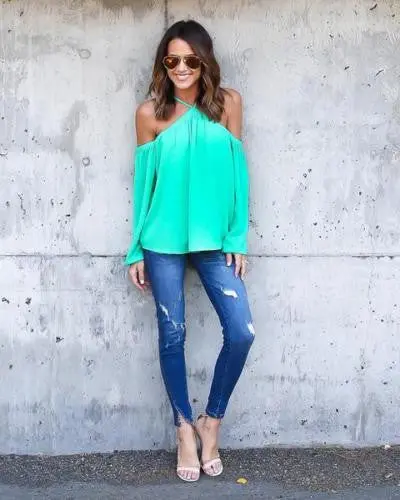 Casual Women Blouse Sexy Long Sleeve Halter Neck Off Shoulder Shirts Solid Color Loose Chiffon Blouses M0387 9