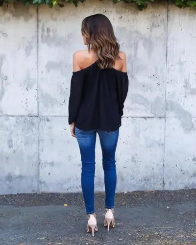 Casual Women Blouse Sexy Long Sleeve Halter Neck Off Shoulder Shirts Solid Color Loose Chiffon Blouses M0387 9
