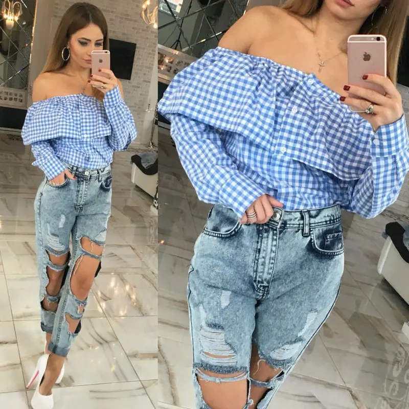 Casual Women Cute Off Shoulder Plaid Print Blousas Long Sleeve Ruffles Shirts Slash Neck Skinny Crop Tops Clubwear M0635 1