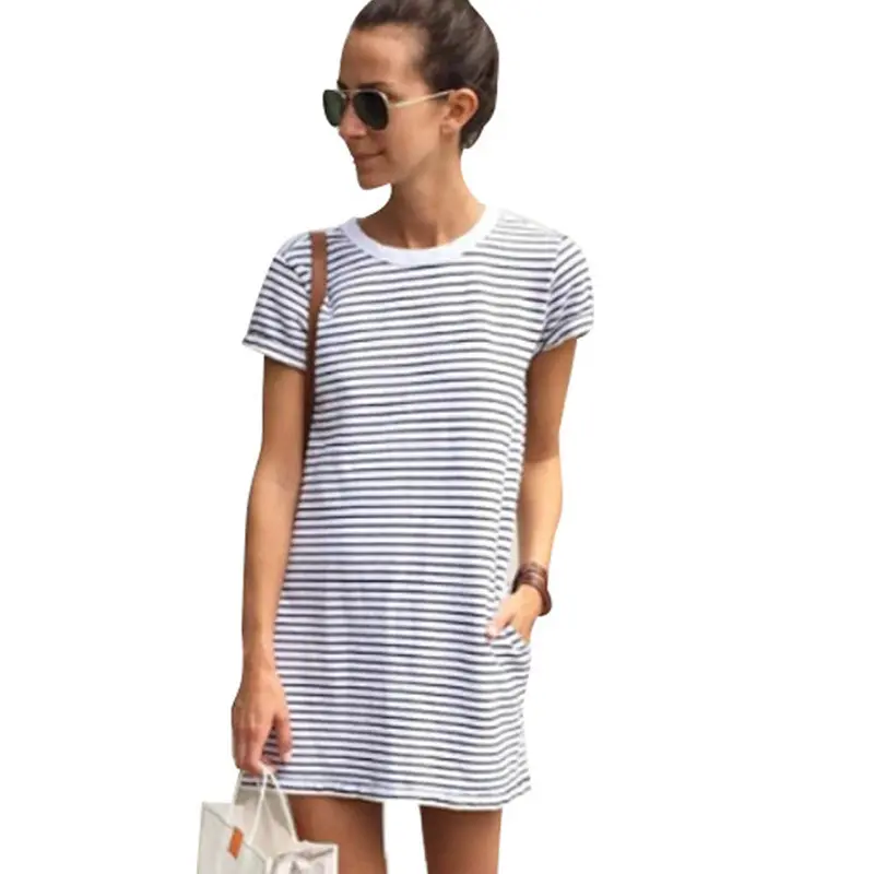 Casual Women Dress Casual Short Sleeve Round Neck Party Mini Striped Dress Plus Size Vestido Beach Dress Vestidos 1