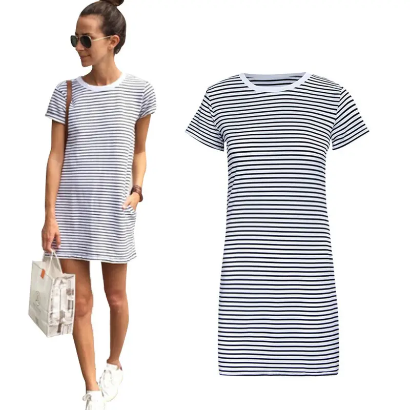 Casual Women Dress Casual Short Sleeve Round Neck Party Mini Striped Dress Plus Size Vestido Beach Dress Vestidos 2