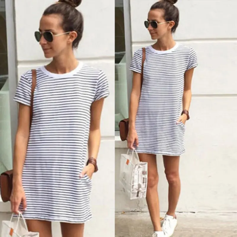 Casual Women Dress Casual Short Sleeve Round Neck Party Mini Striped Dress Plus Size Vestido Beach Dress Vestidos 3