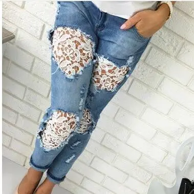 Casual Women Jeans Mid-Waist Slim Denim Pants Sexy Holes Skinny Lace Crochet Patchwork Pencil Jeans Long Trousers M0583 1