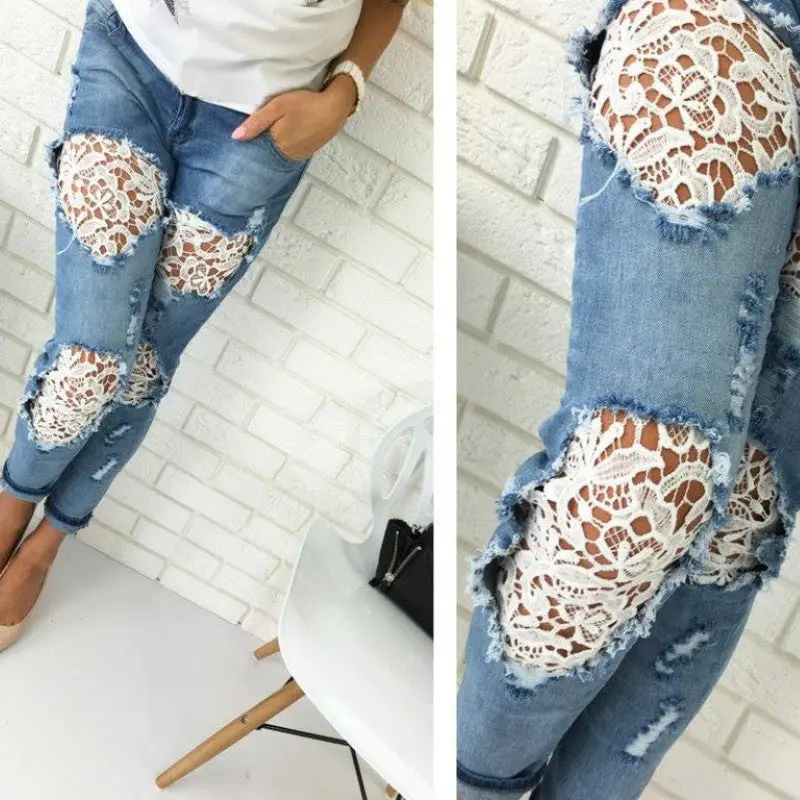 Casual Women Jeans Mid-Waist Slim Denim Pants Sexy Holes Skinny Lace Crochet Patchwork Pencil Jeans Long Trousers M0583 2