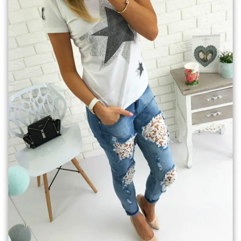 Casual Women Jeans Mid-Waist Slim Denim Pants Sexy Holes Skinny Lace Crochet Patchwork Pencil Jeans Long Trousers M0583 3