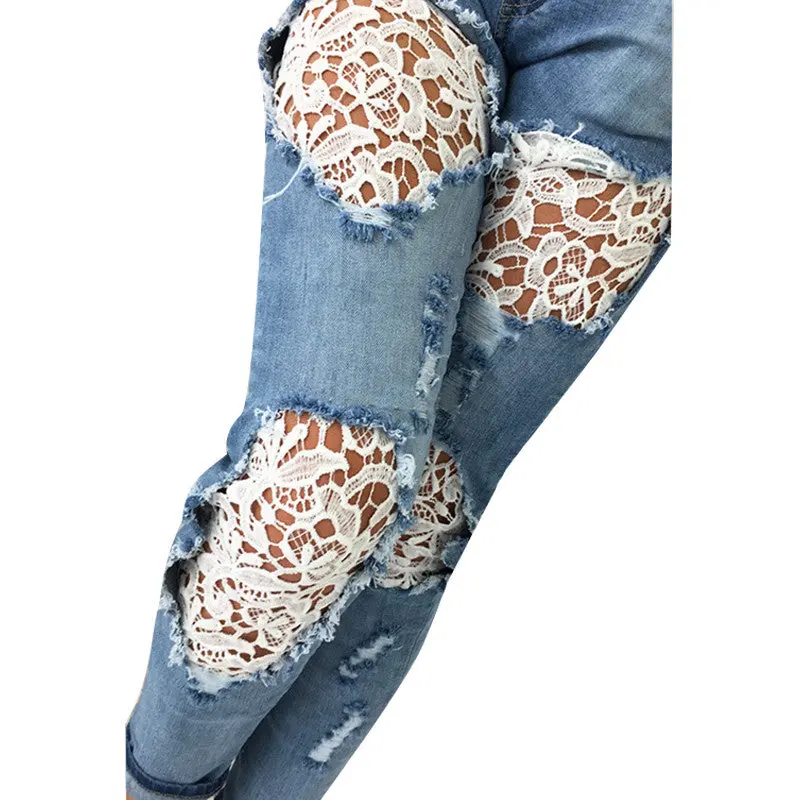 Casual Women Jeans Mid-Waist Slim Denim Pants Sexy Holes Skinny Lace Crochet Patchwork Pencil Jeans Long Trousers M0583 4