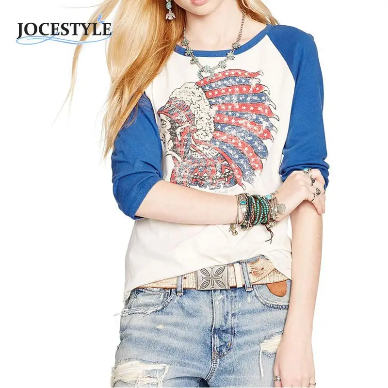 Casual Women Shirts Street Style T Shirt Three Quarter Sleeve Indiana Chief Print Colorful Tops Cotton Graphic Tops Tee 1